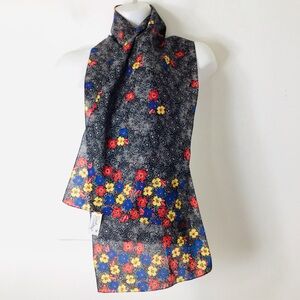 Sarah Coventry Black Sheer Scarf with Red, Yellow & Blue Floral Border